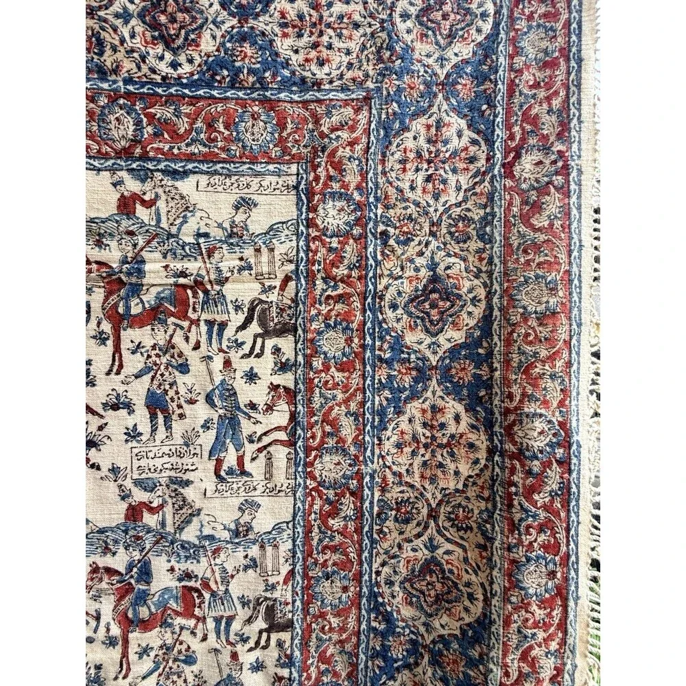 Antique Persian Fringed Cloth Tapestry Qajar Hunting & Polo Scene 52 X 52
